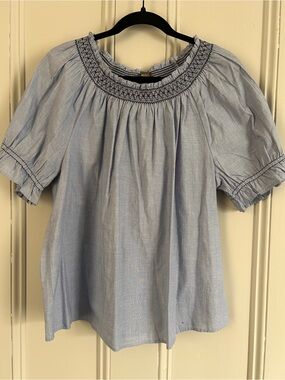 Women's Light Blue Smocked Neck Short Sleeve Top